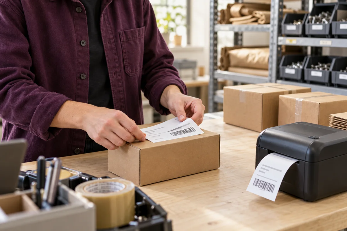 Versandetikett wird am Packtisch auf ein Paket geklebt.