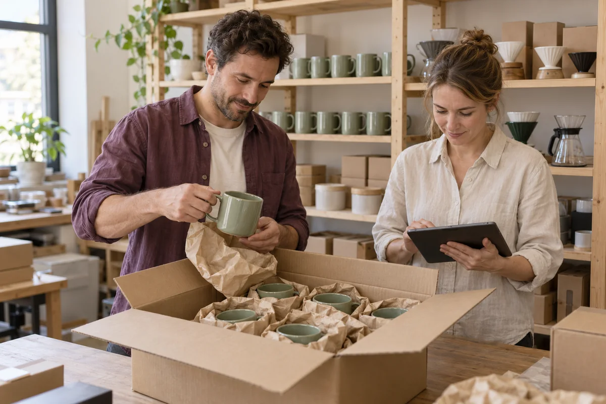 Deux personnes vérifient les tasses en céramique livrées et comparent la réception des marchandises sur la tablette ; Photo symbolique générée par l'IA.