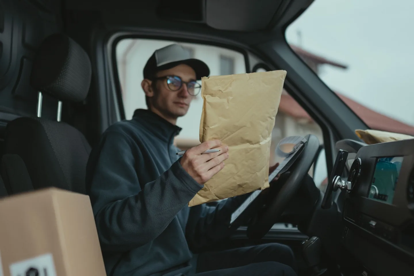 Livreur contrôlant un colis dans une camionnette