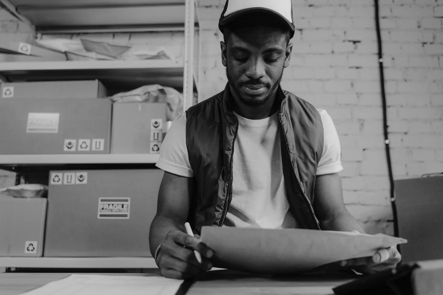 Photographie en noir et blanc d’un employé contrôlant un colis