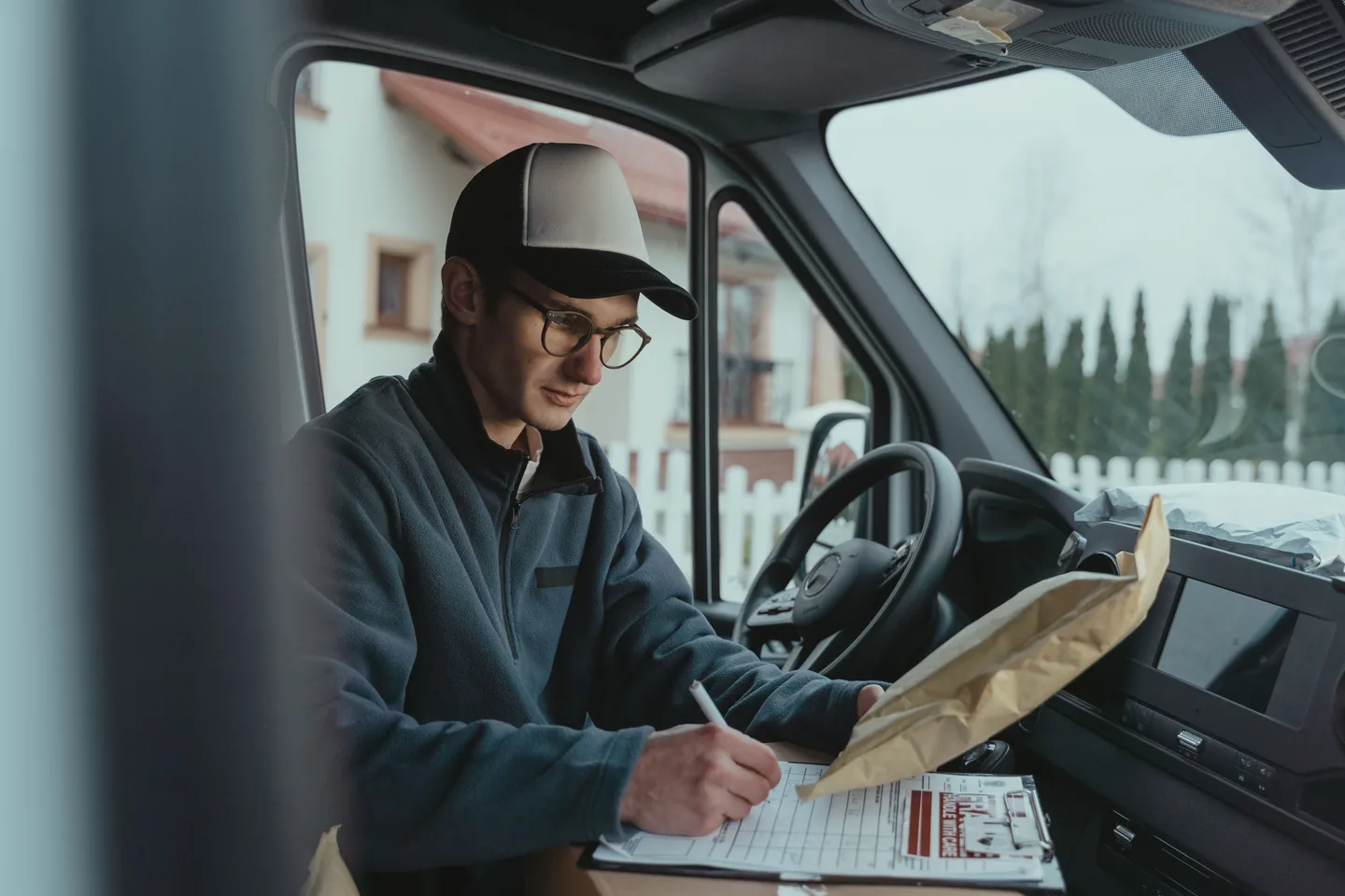 Livreur remplissant des documents dans une camionnette