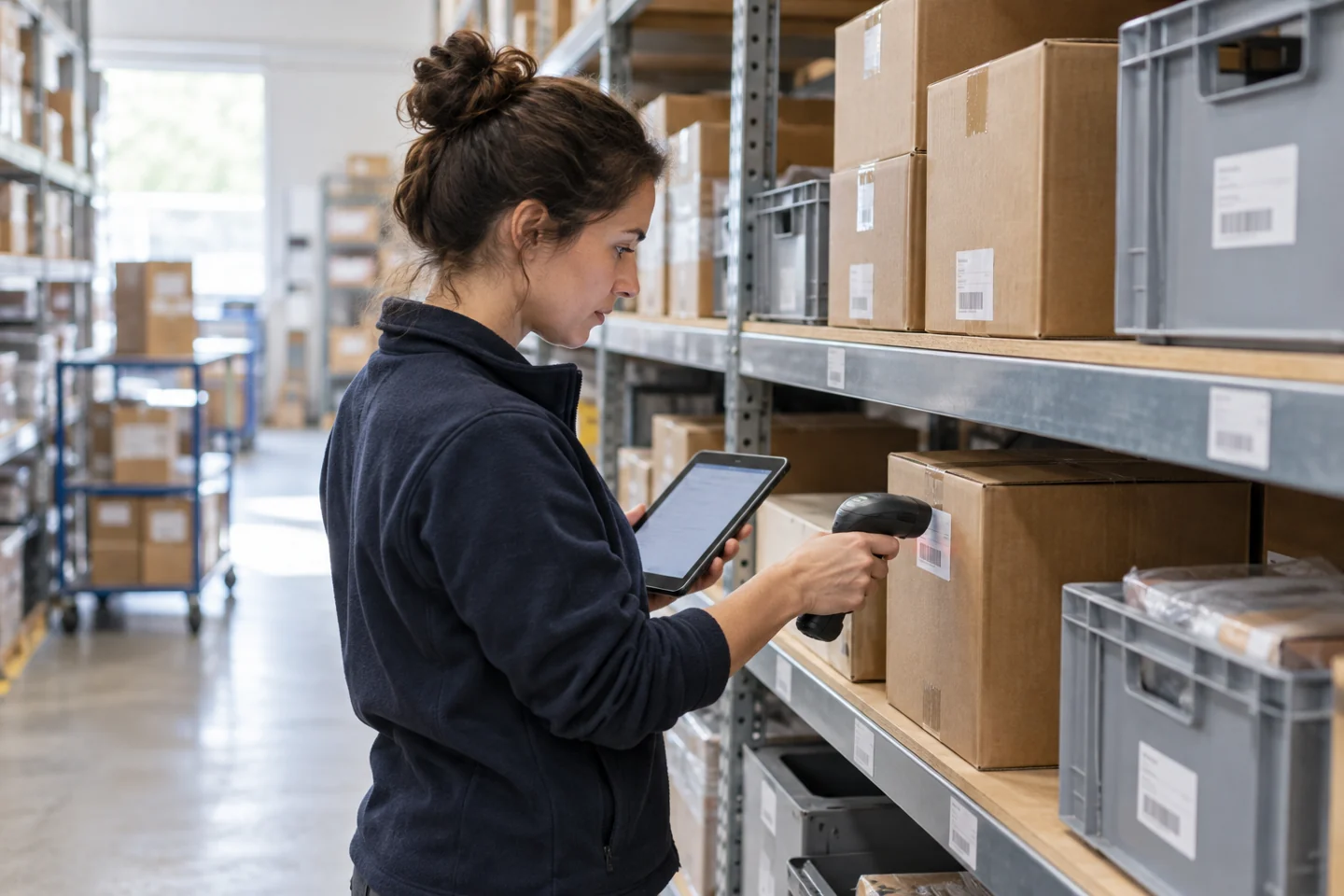 Eine Lagermitarbeiterin kontrolliert Kartons am Regal mit Barcode-Scanner und Tablet; KI-generiertes Symbolbild zur rollierenden Inventur.