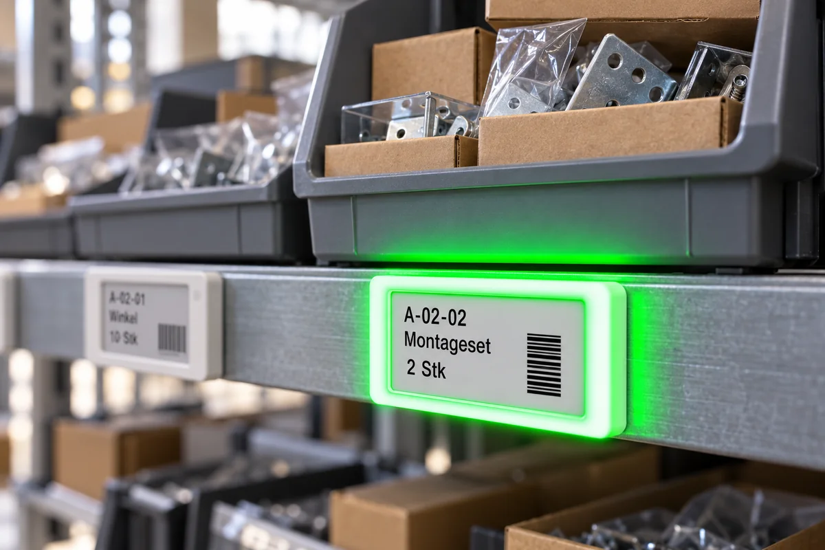 Grün leuchtendes elektronisches Regaletikett zeigt das richtige Pickfach.