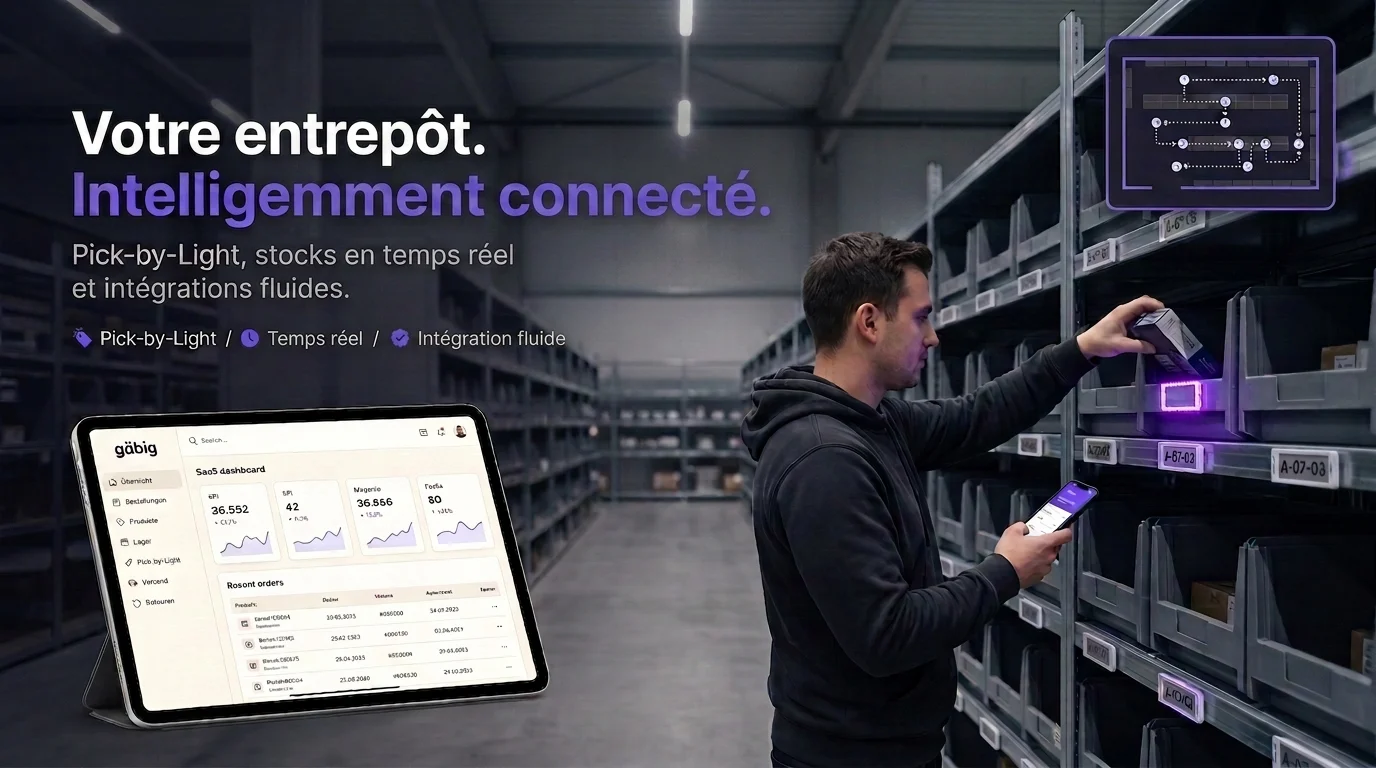 Magasinier saisit avec smartphone dans un emplacement ESL clignotant — logiciel Pick-by-Light gäbig