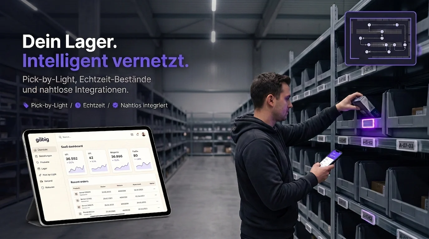 Lagerist greift mit Smartphone in ein blinkendes ESL-Regalfach — gäbig Pick-by-Light Lagersoftware